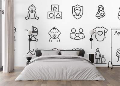 Set of 30 outline icons related to kids. Linear icon collection. Editable stroke. Vector illustration Wall mural