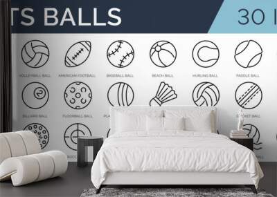 Set of 30 outline icons related to sports balls. Linear icon collection. Editable stroke. Vector illustration Wall mural