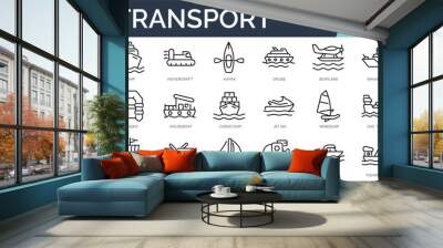 Set of 30 outline icons related to water transport. Linear icon collection. Editable stroke. Vector illustration Wall mural