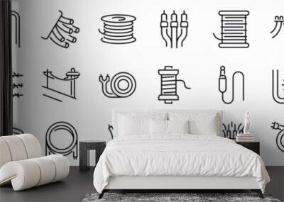 Set of 30 outline icons related to wires, cables. Linear icon collection. Editable stroke. Vector illustration Wall mural