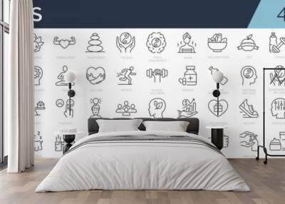 set of 45 line icons related to wellness, wellbeing, mental health, healthcare, cosmetics, spa, medi Wall mural