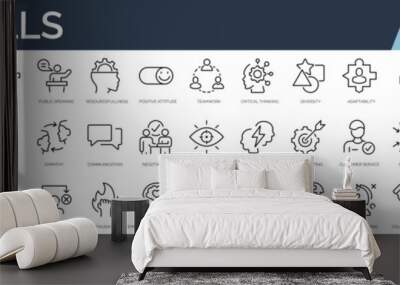 Set of 45 outline icons related to soft skills. Linear icon collection. Editable stroke. Vector illustration Wall mural