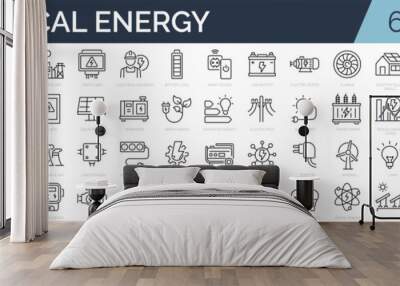 Set of 60 line icons related to energy, electrical energy, electricity. Outline icon collection. Vector illustration. Editable stroke Wall mural