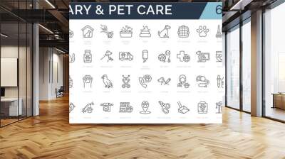 Set of 60 line icons related to pet, care, veterinary, vet, healthcare. Outline icon collection. Linear animals symbols. Editable stroke. Vector illustration Wall mural