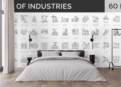 Set of 60 line icons. Collection of 60 types of types of Industries. Different kinds of Engineering, Manufacturing, Production activities. Editable stroke. Vector illustration Wall mural