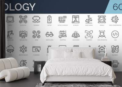 Set of 60 outline icons related to technology. Linear icon collection. Editable stroke. Vector illustration Wall mural