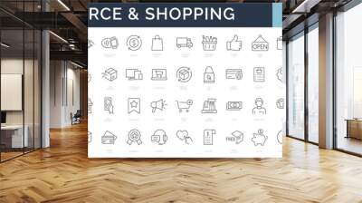 Set of 60 Thin lines web icons - E-commerce, Shopping, Delivering, Store, Marketing, Money. Vector illustration. Editable stroke Wall mural