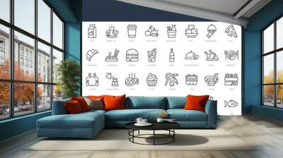 Set of 80 outline icons related to food and drink. Linear icon collection. Editable stroke. Vector illustration Wall mural