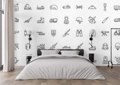 Set of simple outline military icons. Collection contains such icons as vehicles, air forces, soldier, bomb, artillery, gun. Wall mural