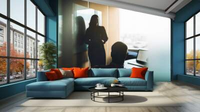 View of a modern cozy boardroom with business people having conference: selective focus on a silhouette of a sitting businessman who is listening a report of his female colleague near board and window Wall mural