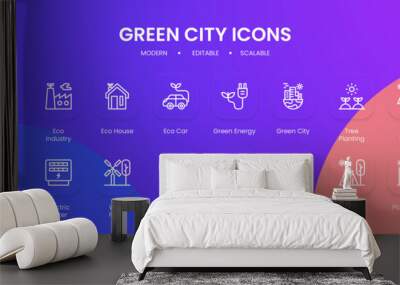 Green city icon collection with black outline style. city, green, design, ecology, collection, concept. Vector Illustration Wall mural