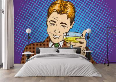 Business man with glass of champagne celebrates closed deal. Cheers and party concept vector illustration in retro pop art comic style Wall mural