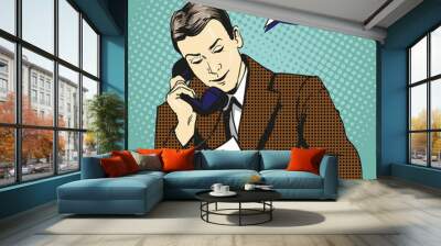 Businessman talking by phone and reading documents. Vector illustration in retro pop art comic style Wall mural