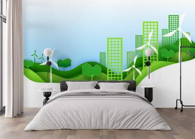 Eco city concept poster in paper art origami style. Vector illustration paper cut design. Green town with wind power turbines. Wall mural