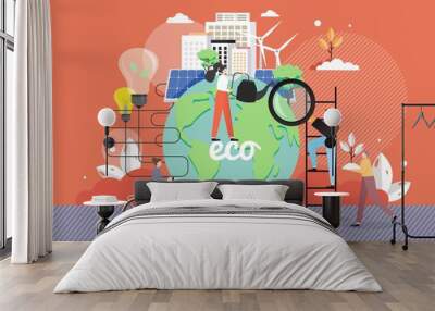 Green eco city, alternative energy sources, people taking care of planet Earth, riding bike, flat vector illustration. Wall mural