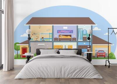 Home interior with room furniture vector illustration. Detailed modern house in flat style Wall mural