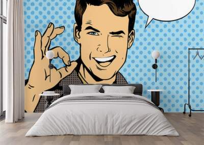 Man smile and shows OK hand sign with speech bubble. Vector illustration in retro comic pop art style Wall mural