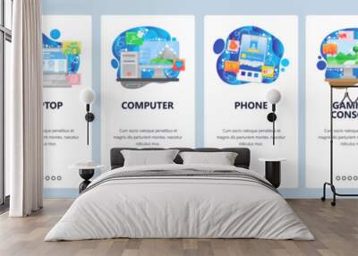 Mobile app onboarding screens. Home electronics and computer gadgets, tv, laptop, phone, console, smart watches. Vector banner template for website and mobile development. Web site design illustration Wall mural