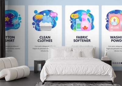 Mobile app onboarding screens. Laundry service icons, washing machine, liquid softener, powder. Menu vector banner template for website and mobile development. Web site design flat illustration Wall mural