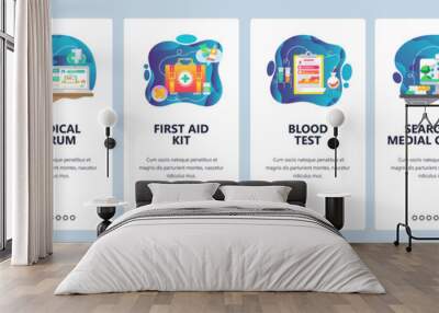 Mobile app onboarding screens. Medical doctor prescription, hospital and clinic building, first aid kit, medicine news. Vector banner template for website and mobile development. Web site illustration Wall mural