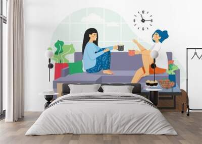 Two happy girls enjoying pizza and coffee sitting on sofa at home, flat vector illustration. Wall mural