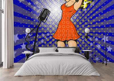 Vector pop art illustration of beautiful girl singer on stage Wall mural