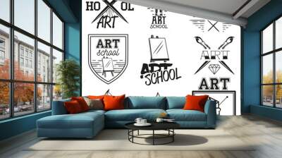 Vector set art studio labels in vintage style. School of arts design elements. Brushes and easel. Wall mural