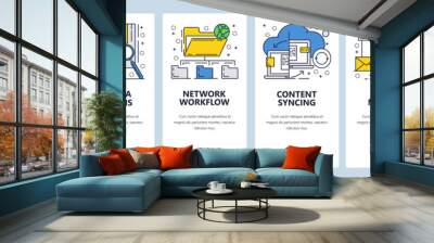 Vector web site linear art onboarding screens template. Online cloud services, touchscreen and syncing technologies and big data analysis. Menu banners for website and mobile app development. Modern Wall mural