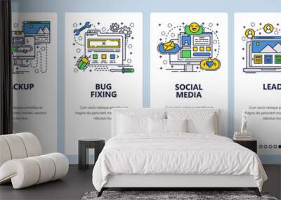 Vector web site linear art onboarding screens template. Social media network, surfing internet and computer data backup. Menu banners for website and mobile app development. Modern design flat Wall mural