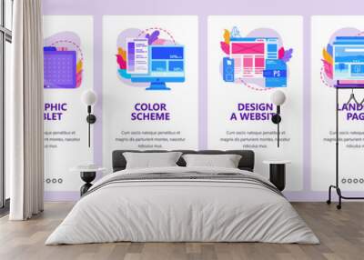 Web development, digital graphic tablet, wireframe, sitemap. Mobile app onboarding screens. Menu vector banner template for website and mobile development. Design illustration Wall mural