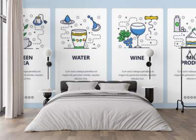 Web site onboarding screens. Drinks menu in bar or restaurant. Water, coffee, wine, cocktail. Menu vector banner template for website and mobile app development. Modern design linear art flat Wall mural