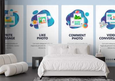 Web site onboarding screens. Social media services, online chat and dating profiles. Menu vector banner template for website and mobile app development. Modern design flat illustration. Wall mural