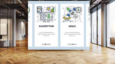 Web site onboarding screens. Technology, industrial robot, science and outer space. Menu vector banner template for website and mobile app development. Modern design linear art flat illustration. Wall mural