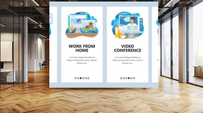 Work from home. Video conference technology. Tasks, working day. Mobile app screens, vector website banner template. Wall mural