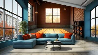 Industrial Loft Interior: Sunlight streams through large windows in an expansive, brick-walled industrial loft space.  Wall mural