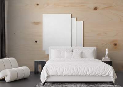 Minimalist layout with two white cards on a light wooden surface Wall mural