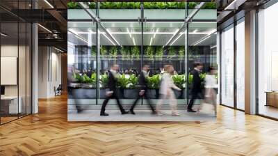 Modern Office Building Interior with Green Walls and Blurred Business People Wall mural