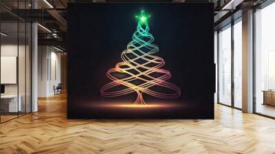 Christmas tree outline in glowing smooth lines, illuminating dark surroundings Wall mural