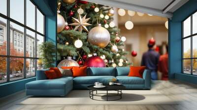 Christmas tree with ornaments, blurred celebration in the background Wall mural