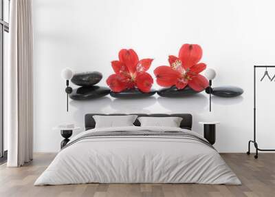 Spa concept with two red orchid on stone Wall mural