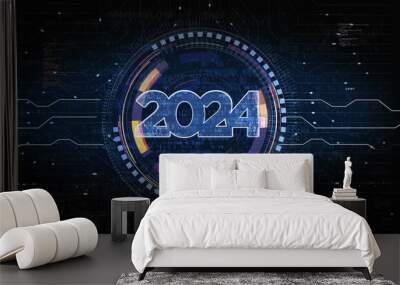 2024 year futuristic neon symbol digital concept 3d illustration Wall mural