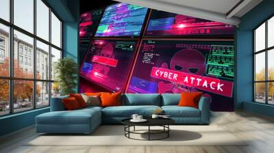 Cyber attack with skull symbol alert on screen Wall mural