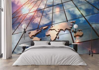 World Map sign on glass skyscraper with mirrored sky illustration Wall mural