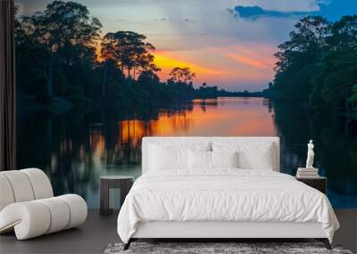 Sunset along the banks of the Amazon river. The tributaries of the Amazon traverse the countries of Guyana, Ecuador, Peru, Brazil, Colombia, Venezuela and Bolivia, Suriname and French Guyana. Wall mural