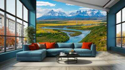 Torres del Paine national park landscape with Cuernos del Paine peaks and Serrano river near Puerto Natales, Patagonia, Chile. Wall mural