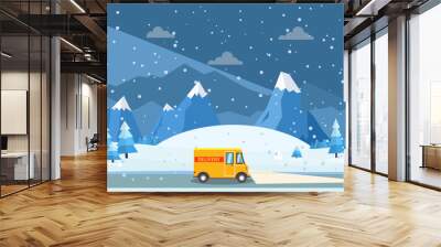 Vector illustration of winter landscape with delivery van, pines and falling snowflakes. Winter travelling concept. Wall mural