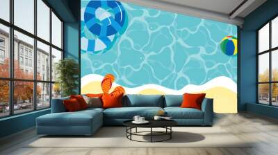 Hello Summer water surface background vector. Blue sea hand drawn backdrop design of ocean, sea, pool, swim ring, beach ball, palm leaf. Tropical summer time illustration for cover, promotion, sale. Wall mural