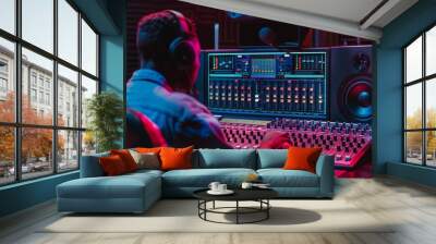 A detailed shot of a music producer working on a mixing console in a recording studio. Wall mural