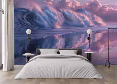 A surreal pastel seascape with towering waves and their reflections, bathed in soft, otherworldly light Wall mural