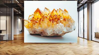 A vibrant image of a citrine crystal cluster, with its golden-yellow hues sparkling in the light, on a white background,  Wall mural